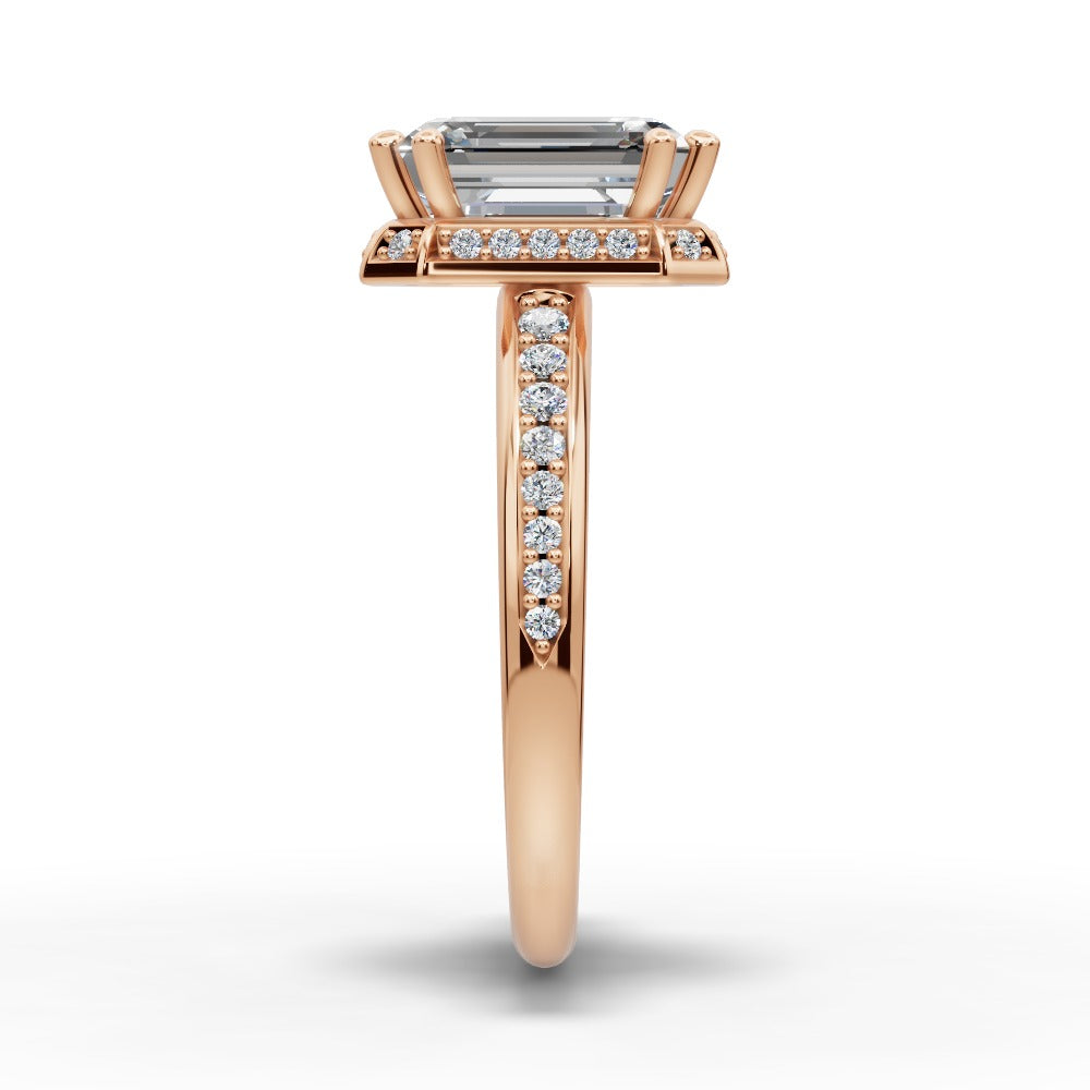 Tessa Emerald Shape Halo Engagement Ring in 14K Rose Gold