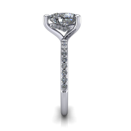 Arielle heart classic engagement ring in Platinum, side profile showing the pavé running down the band and the hidden halo in profile