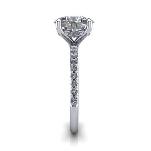 Arielle oval classic engagement ring in 14K White Gold, side profile showing the pavé running down the band and the hidden halo in profile