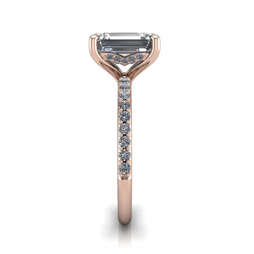 Arielle emerald classic engagement ring in 18K Rose Gold, side profile showing the pavé running down the band and the hidden halo in profile
