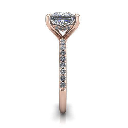 Arielle princess classic engagement ring in 18K Rose Gold, side profile showing the pavé running down the band and the hidden halo in profile