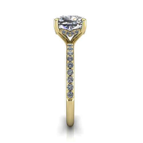 Arielle cushion classic engagement ring in 18K Yellow Gold, side profile showing the pavé running down the band and the hidden halo in profile