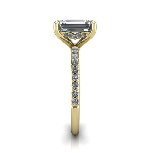 Arielle emerald classic engagement ring in 14K Yellow Gold, side profile showing the pavé running down the band and the hidden halo in profile