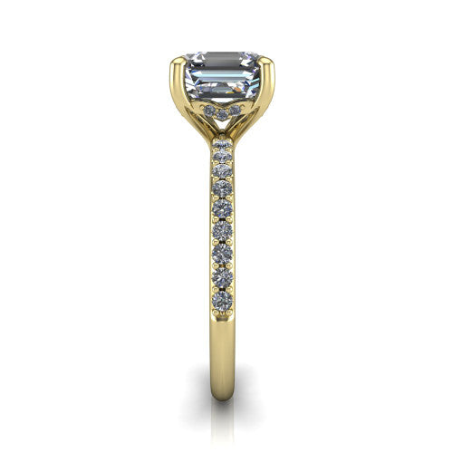 Arielle square emerald classic engagement ring in 18K Yellow Gold, side profile showing the pavé running down the band and the hidden halo in profile