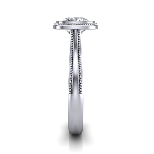 Adelina cushion solitaire engagement ring in Platinum, side profile showing the tapered split-shoulder shank with milgrain edge detail and the cathedral gallery