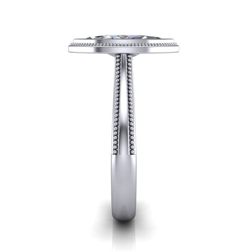 Adelina marquise solitaire engagement ring in 18K White Gold, side profile showing the tapered split-shoulder shank with milgrain edge detail and the cathedral gallery