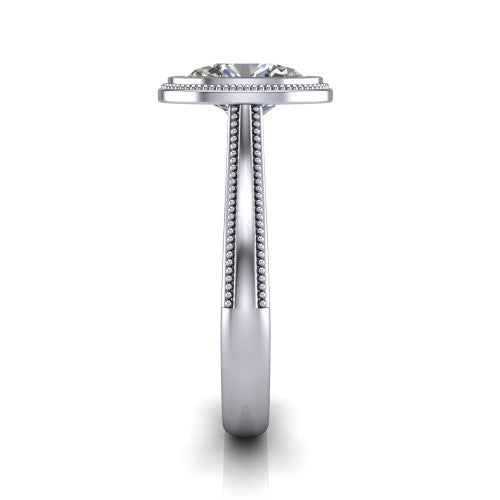 Adelina oval solitaire engagement ring in 18K White Gold, side profile showing the tapered split-shoulder shank with milgrain edge detail and the cathedral gallery