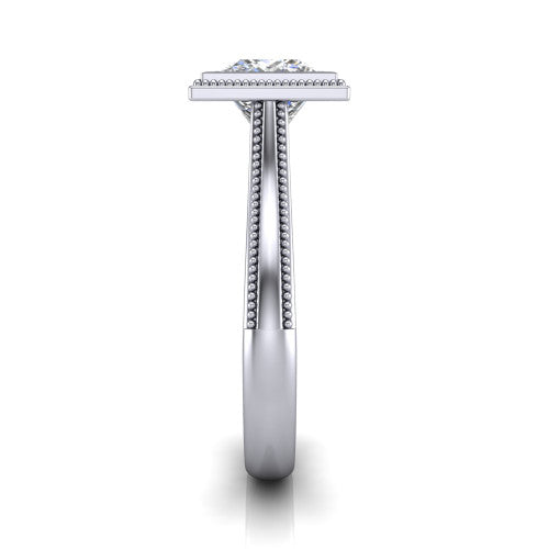 Adelina princess solitaire engagement ring in 18K White Gold, side profile showing the tapered split-shoulder shank with milgrain edge detail and the cathedral gallery