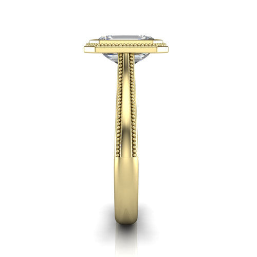 Adelina emerald solitaire engagement ring in 18K Yellow Gold, side profile showing the tapered split-shoulder shank with milgrain edge detail and the cathedral gallery