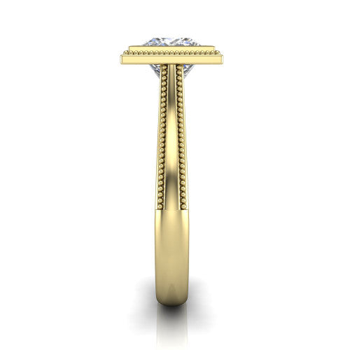 Adelina princess solitaire engagement ring in 18K Yellow Gold, side profile showing the tapered split-shoulder shank with milgrain edge detail and the cathedral gallery