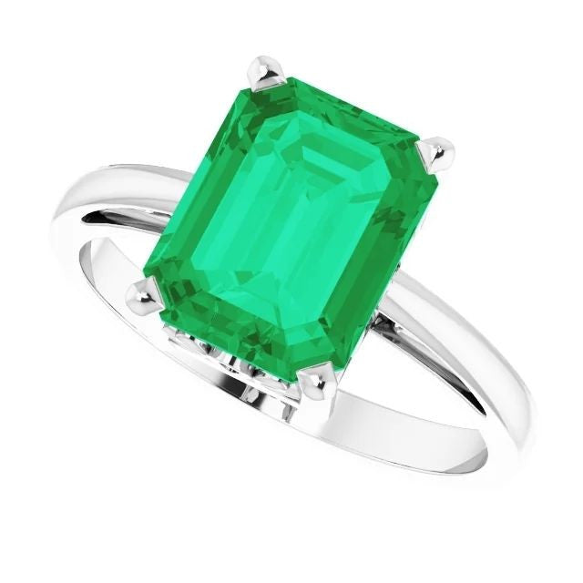 14K Gold Lab-Grown Emerald Scroll Setting Ring 14K White Gold