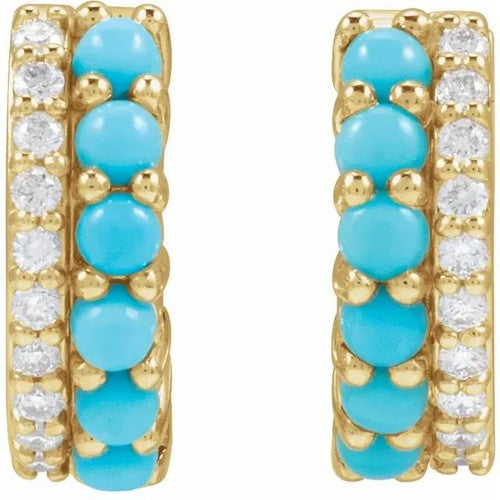 14K Natural Turquoise & 1/8 CTW Natural Diamond Huggie Hoop Earrings 14K Yellow Gold