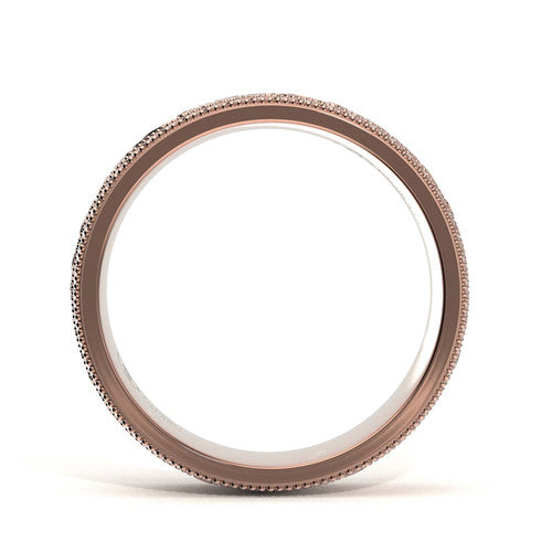 Kian milgrain wedding band in 14K Rose Gold, through-finger front view