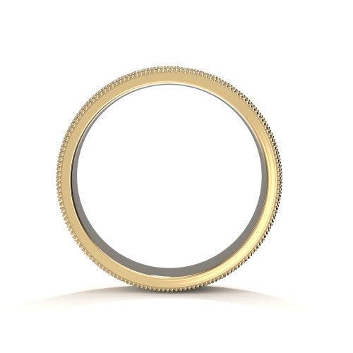 Artistic 8mm men's yellow gold ring showcasing antiqued scrollwork patterns and double milgrain accents