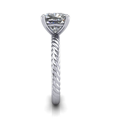 Claire cushion classic solitaire engagement ring in 14K White Gold — side profile showing the twisted rope shank flowing into the cathedral gallery and 4-prong setting