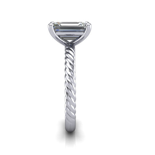 Claire emerald classic solitaire engagement ring in 14K White Gold — side profile showing the twisted rope shank flowing into the cathedral gallery and 4-prong setting
