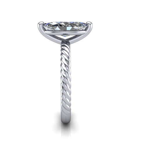Claire marquise classic solitaire engagement ring in 18K White Gold — side profile showing the twisted rope shank flowing into the cathedral gallery and 4-prong setting