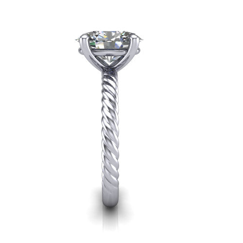 Claire oval classic solitaire engagement ring in 18K White Gold — side profile showing the twisted rope shank flowing into the cathedral gallery and 4-prong setting