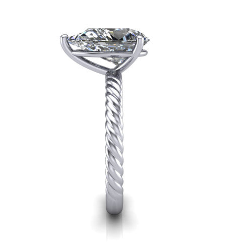 Claire pear classic solitaire engagement ring in 14K White Gold — side profile showing the twisted rope shank flowing into the cathedral gallery and 4-prong setting