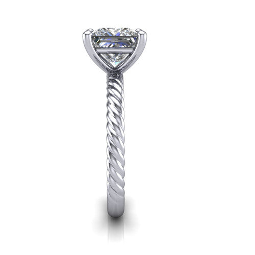 Claire princess classic solitaire engagement ring in 18K White Gold — side profile showing the twisted rope shank flowing into the cathedral gallery and 4-prong setting