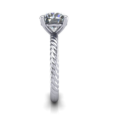 Claire round classic solitaire engagement ring in 18K White Gold — side profile showing the twisted rope shank flowing into the cathedral gallery and 4-prong setting