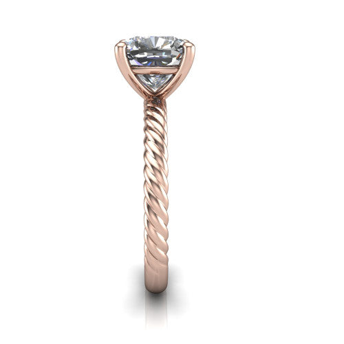 Claire cushion classic solitaire engagement ring in 18K Rose Gold — side profile showing the twisted rope shank flowing into the cathedral gallery and 4-prong setting