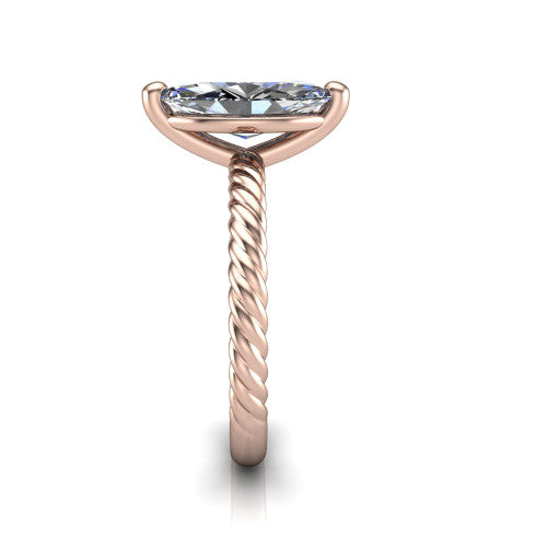 Claire marquise classic solitaire engagement ring in 18K Rose Gold — side profile showing the twisted rope shank flowing into the cathedral gallery and 4-prong setting