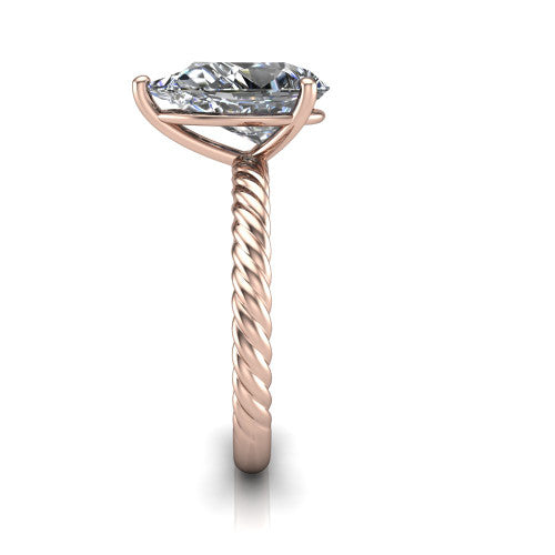 Claire pear classic solitaire engagement ring in 18K Rose Gold — side profile showing the twisted rope shank flowing into the cathedral gallery and 4-prong setting