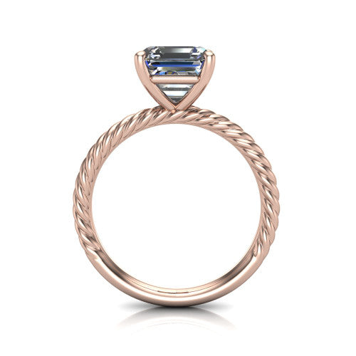 Claire square emerald classic solitaire engagement ring in 14K Rose Gold — side profile showing the twisted rope shank flowing into the cathedral gallery and 4-prong setting