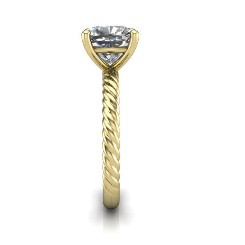 Claire cushion classic solitaire engagement ring in 14K Yellow Gold — side profile showing the twisted rope shank flowing into the cathedral gallery and 4-prong setting