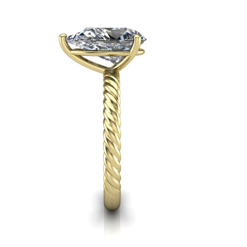 Claire pear classic solitaire engagement ring in 14K Yellow Gold — side profile showing the twisted rope shank flowing into the cathedral gallery and 4-prong setting