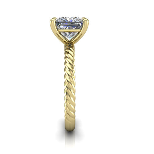 Claire princess classic solitaire engagement ring in 14K Yellow Gold — side profile showing the twisted rope shank flowing into the cathedral gallery and 4-prong setting