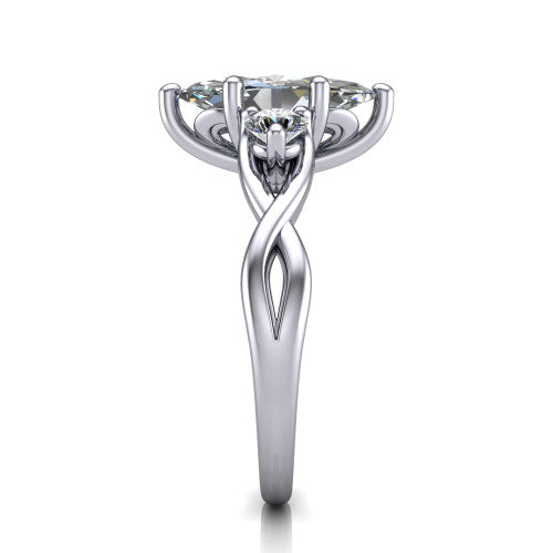 Lydia marquise three stone engagement ring in Platinum, side profile showing the round side diamonds, floral gallery, and woven infinity shank