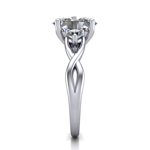 Lydia oval three stone engagement ring in 14K White Gold, side profile showing the round side diamonds, floral gallery, and woven infinity shank
