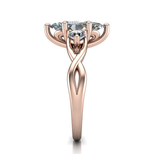 Lydia marquise three stone engagement ring in 18K Rose Gold, side profile showing the round side diamonds, floral gallery, and woven infinity shank