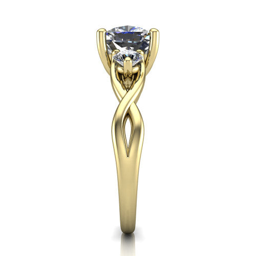 Lydia cushion three stone engagement ring in 14K Yellow Gold, side profile showing the round side diamonds, floral gallery, and woven infinity shank