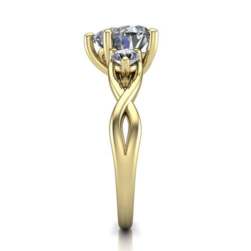 Lydia heart three stone engagement ring in 14K Yellow Gold, side profile showing the round side diamonds, floral gallery, and woven infinity shank