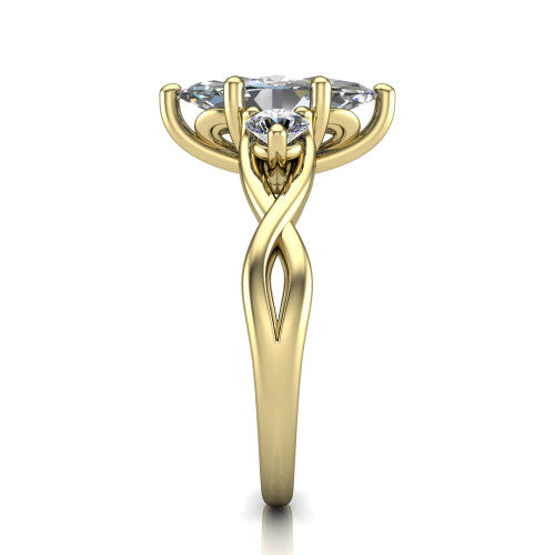 Lydia marquise three stone engagement ring in 14K Yellow Gold, side profile showing the round side diamonds, floral gallery, and woven infinity shank