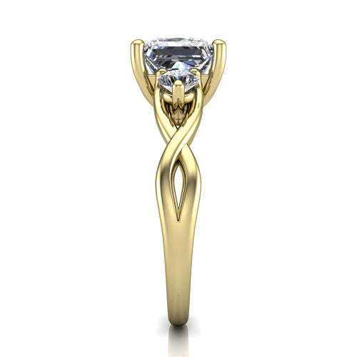 Lydia princess three stone engagement ring in 14K Yellow Gold, side profile showing the round side diamonds, floral gallery, and woven infinity shank