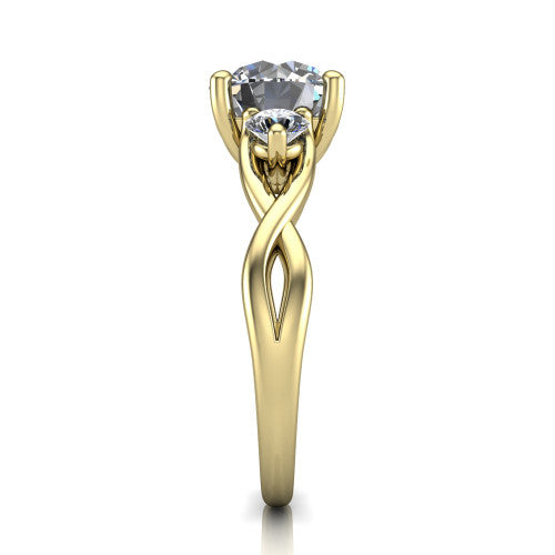 Lydia round three stone engagement ring in 18K Yellow Gold, side profile showing the round side diamonds, floral gallery, and woven infinity shank