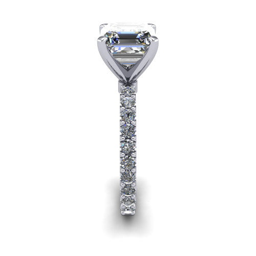 Elizabeth square emerald solitaire engagement ring in Platinum, side profile showing the pave diamonds running continuously around the shank