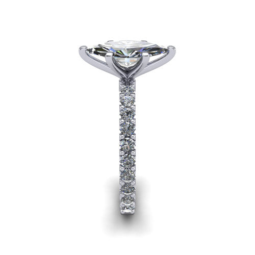 Elizabeth marquise solitaire engagement ring in 18K White Gold, side profile showing the pave diamonds running continuously around the shank