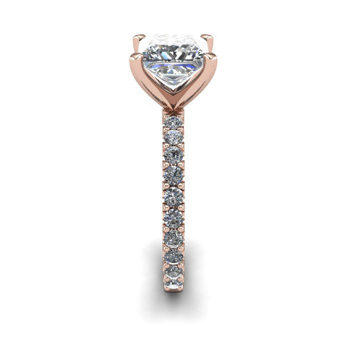 Elizabeth princess solitaire engagement ring in 18K Rose Gold, side profile showing the pave diamonds running continuously around the shank