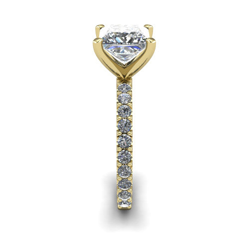 Elizabeth princess solitaire engagement ring in 18K Yellow Gold, side profile showing the pave diamonds running continuously around the shank
