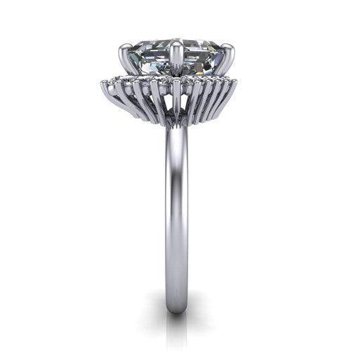 Matilda square emerald halo engagement ring in 14K White Gold, side profile showing the fluted crown basket, sunburst halo, and slim polished band
