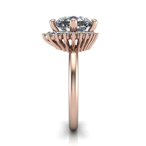 Matilda cushion halo engagement ring in 14K Rose Gold, side profile showing the fluted crown basket, sunburst halo, and slim polished band