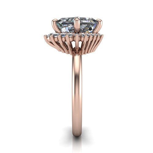 Matilda square emerald halo engagement ring in 14K Rose Gold, side profile showing the fluted crown basket, sunburst halo, and slim polished band