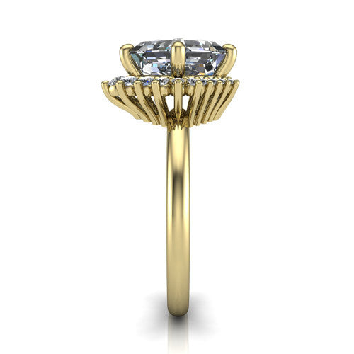 Matilda square emerald halo engagement ring in 18K Yellow Gold, side profile showing the fluted crown basket, sunburst halo, and slim polished band