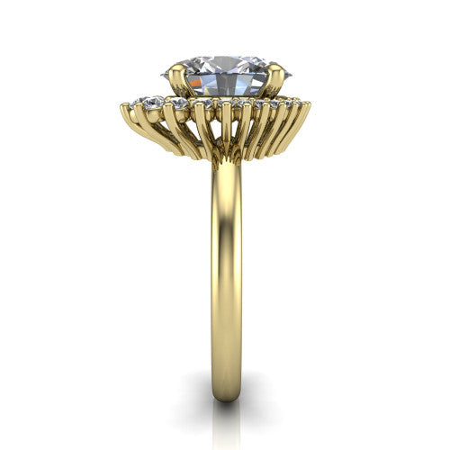 Matilda oval halo engagement ring in 14K Yellow Gold, side profile showing the fluted crown basket, sunburst halo, and slim polished band