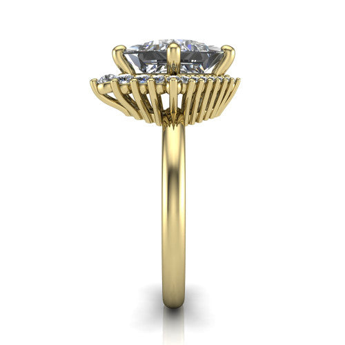 Matilda princess halo engagement ring in 18K Yellow Gold, side profile showing the fluted crown basket, sunburst halo, and slim polished band